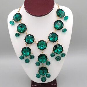 Womens Statement Pendant Necklace Large Green Cabochon Beads Gold Tone